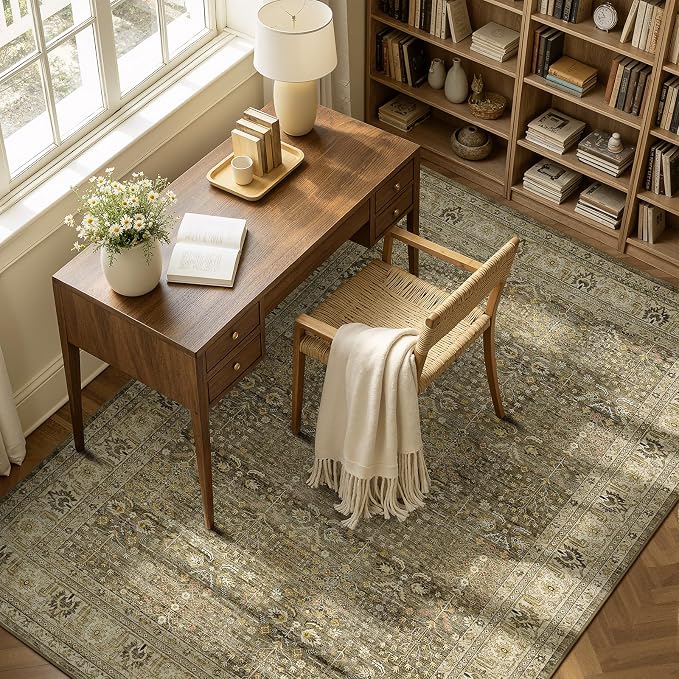 Lofus 5x7 Washable Brown Area Rug for Living Room Bedroom Non-Slip Low Pile | Soft Boho Vintage Area Rugs for Bedroom Dinning Room Home Office Indoor
