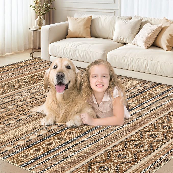 cotiled 9x12 Area Rugs Living Room Rug: Washable Boho Rugs with Non Slip Backing Large Soft Indoor Stain Resistant Carpet for Bedroom Farmhouse Dining Room Lightweight Home Decor Brown/Beige