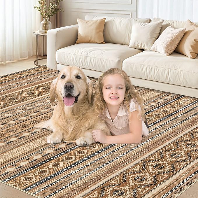 cotiled 5x7 Area Rugs Living Room Rug: Washable Boho Rugs with Non Slip Backing Large Soft Indoor Stain Resistant Carpet for Bedroom Farmhouse Dining Room Lightweight Home Decor Brown/Beige