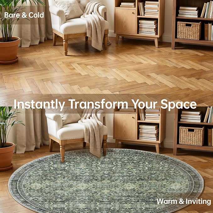 Sasttie Round Rugs 6ft, Ultra-Soft Washable Circle Rug, Low Pile Foldable Thin rugs with Non-Slip Backing, Skin-Friendly Stain Resistant Carpet for Living Room, Bedroom, Kitchen, Dorm, 6ft, Dark Green
