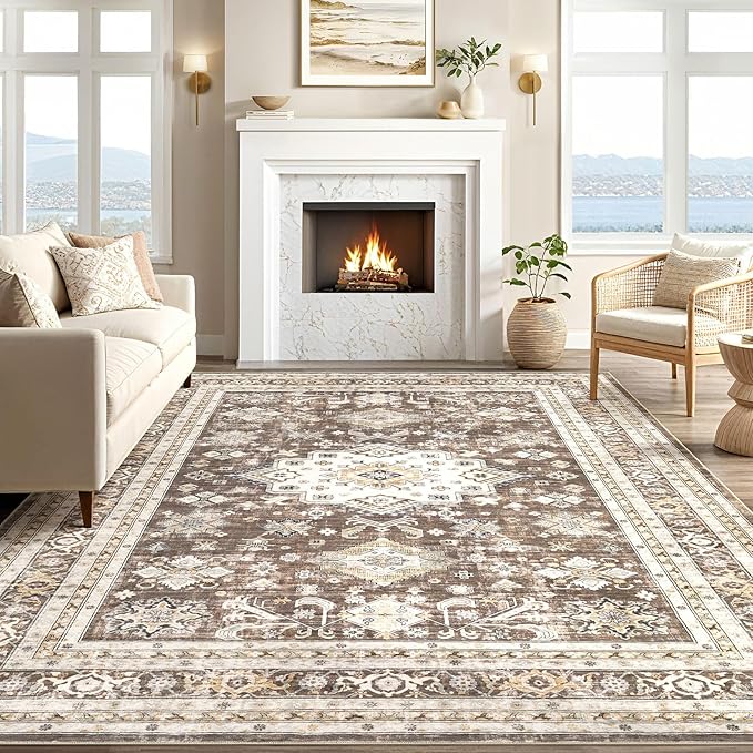 Vintage Living Room Area Rug 10x14 - Large Soft Washable Oriental Traditional Distressed Farmhouse Rugs for Bedroom - Indoor Floor Accent Carpet for Home Office House Decor - Dark Brown