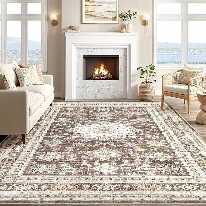 Vintage Living Room Area Rug 8x10 - Large Soft Washable Oriental Traditional Distressed Farmhouse Rugs for Bedroom - Indoor Floor Accent Carpet for Home Office House Decor - Dark Brown