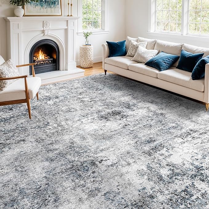 12x12 Square Living Room Area Rug - Washable Large Non-Slip Rug Modern Abstract Floor Carpet Neutral Thin Low-Pile Indoor mat for Bedroom Dining Room Playroom (Blue Gray,12x12)
