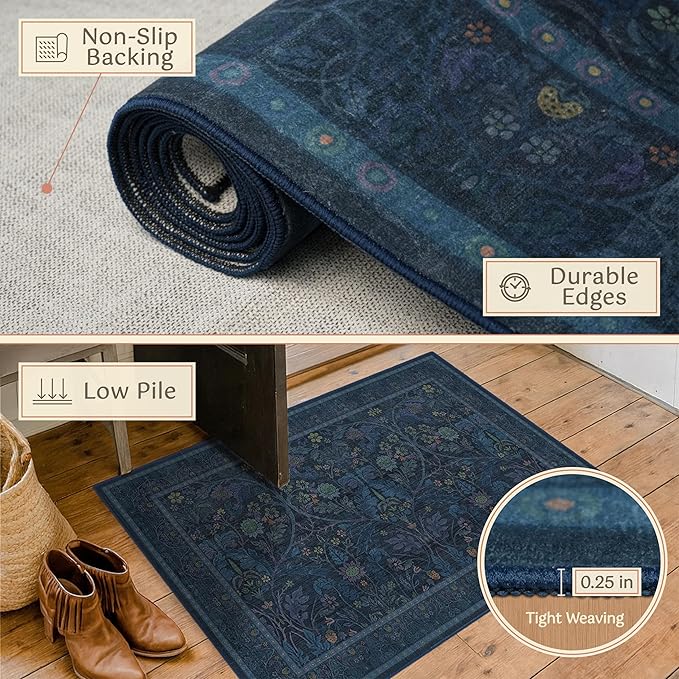 2'6"x8' 8ft Kitchen Runner Rugs Washable, Dark Blue Long Runner Rugs Non Slip for Hallway, Entryway, Victorian Forest Floral Stain Resistant Low Pile Thin Carpet