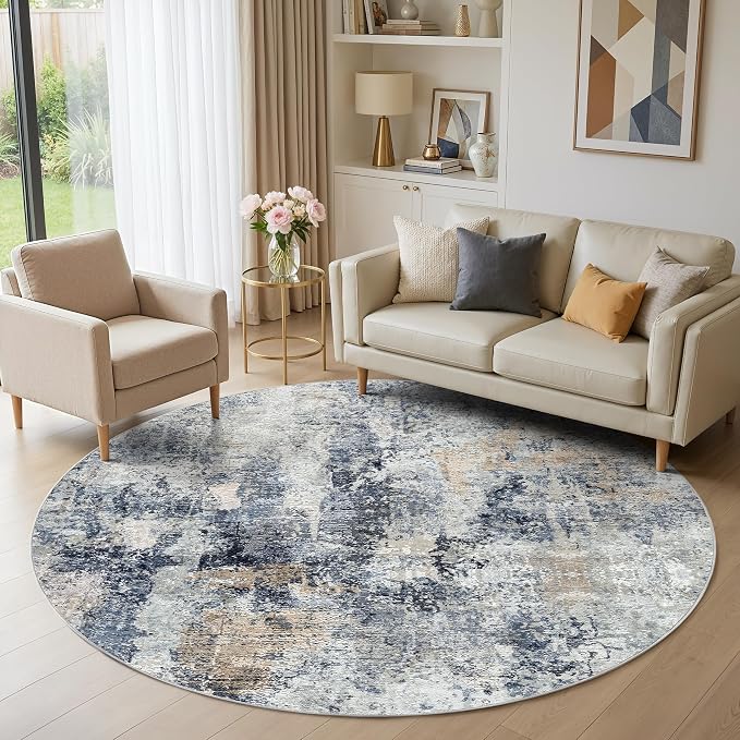 WITSHOCK Area Rugs 6ft Round Living Room Rug - Washable Neutral Soft Low Pile Non-Slip Modern Abstract Thin Large Indoor Carpet for Bedroom Dining Room Nursery Office - Dark Blue Brown
