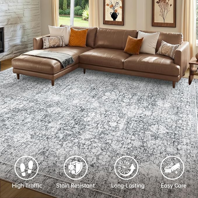 Sasttie 4x6 Area Rug, Ultra-Soft Washable Rug, Low Pile Foldable Thin Carpets with Non-Slip Backing, Skin-Friendly Stain Resistant Carpet for Living Room, Bedroom, Kitchen, Dorm, 4x6, Light Grey