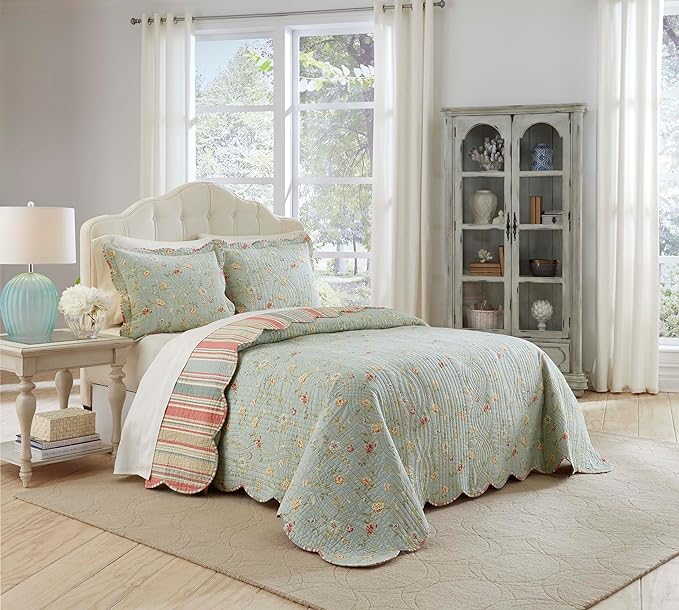 Waverly Garden Glitz 3-Piece Cotton Quilt Set – Full/Queen - with 2 Shams, Lightweight & Breathable, Vapor