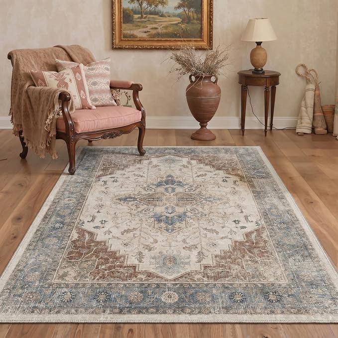 GENIMO 2x3 Rug Machine Washable Low Pile Indoor Entryway Mat for Kitchen Entrance Front Door Bathroom with Non Slip Backing Floral Medallion Dusty Beige