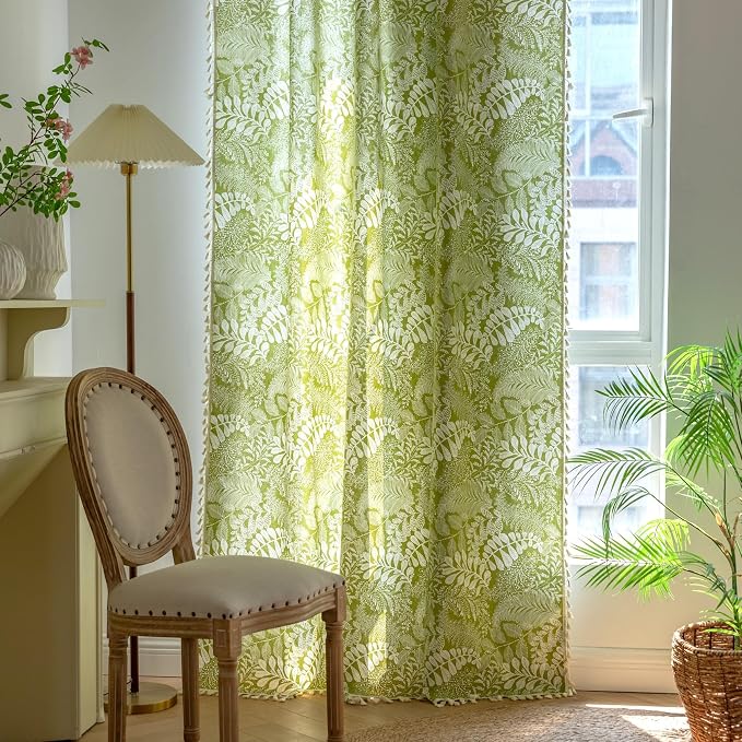 Sutuo Home Boho Curtains 84 Inches Length for Bedroom Living Room, Printed Cotton Linen Rod Pocket Rustic Farmhouse Bohemian Tassels Window Treatment, 1 Panel 59" W x 84" L, Green Botanic Leaves