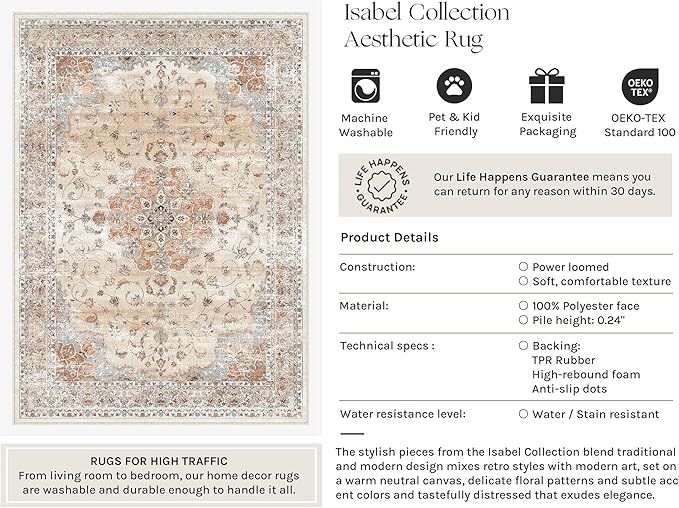 HUGEAR Area Rugs 4x6 Machine Washable Vintage Orange Living Room Rug Throw Carpet Non Slip Stain Resistant Low Pile for Office Home Retro Aesthetic Modern Decor