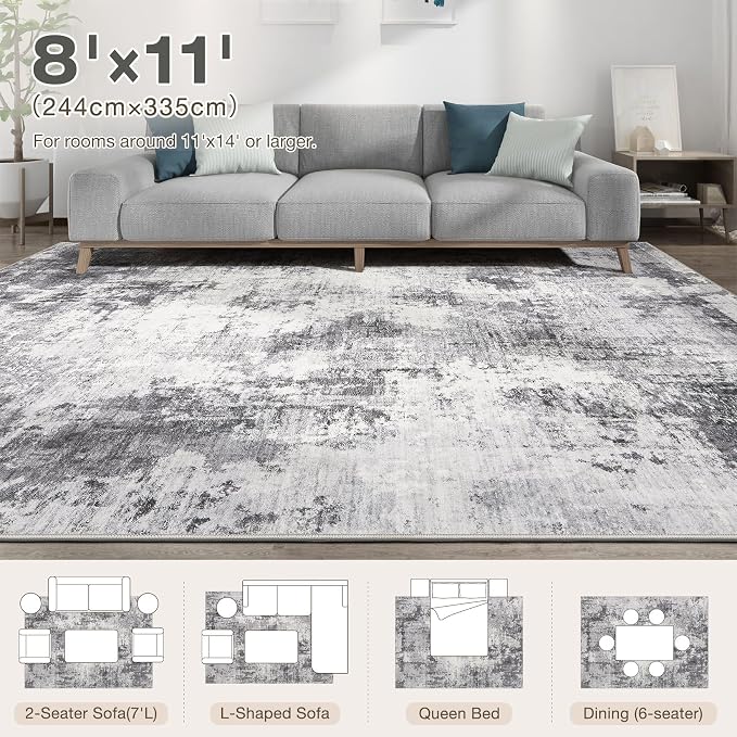 Abstract 8x11 Area Rug: Machine Washable Non Slip Ultra Thin Low-Pile Carpet, Soft Stain Resistant for Living Dining Room Bedroom, Kid Pet Friendly, Robot Vacuum Compatible - Grey