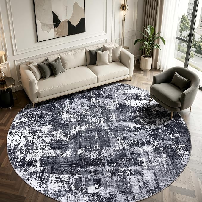 Sasttie 8ft Soft Round Area Rug, Modern Abstract Washable Large Circle Carpet for Living Room, Bedroom, Dining Room Table, with Non-Slip Backing, Black and White
