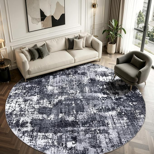 Sasttie 8ft Soft Round Area Rug, Modern Abstract Washable Large Circle Carpet for Living Room, Bedroom, Dining Room Table, with Non-Slip Backing, Black and White