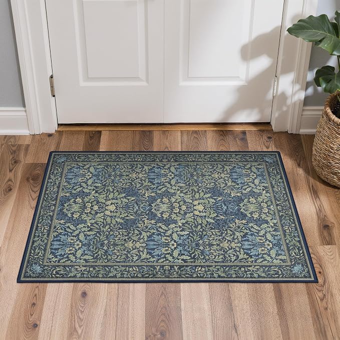GENIMO 2x3 Washable Kitchen Rug, Non Slip Indoor Door Mat, Dark Blue | Vintage Boho Floral Low Pile Entryway Mat for Bathroom, Front Door and Laundry Room