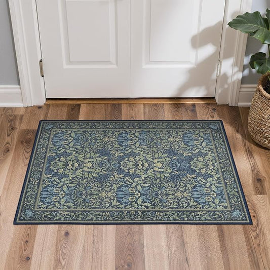 GENIMO 2x3 Washable Kitchen Rug, Non Slip Indoor Door Mat, Dark Blue | Vintage Boho Floral Low Pile Entryway Mat for Bathroom, Front Door and Laundry Room