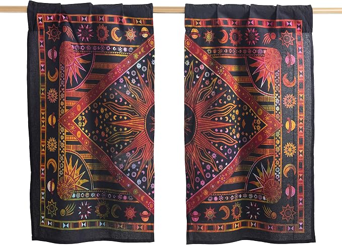 Popular Handicrafts Indian Burning Sun Hippie Mandala Kitchen Window Curtains - Gypsy Tye Dye Bohemian Sun Moon Beautiful Drapery Bedroom Living Room Balcony Valance Panels Golden