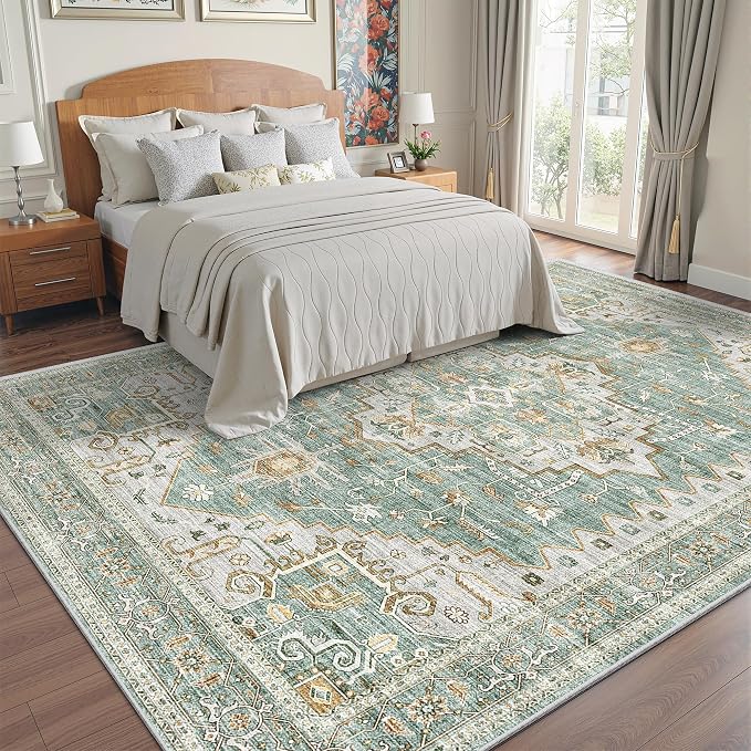 befbee 8x10 Area Rugs for Living Room, Stain Resistant Neutral Washable Rugs for Dining Room, Floral Vintage Non-Slip Thin Large Size Area Rug （Green）