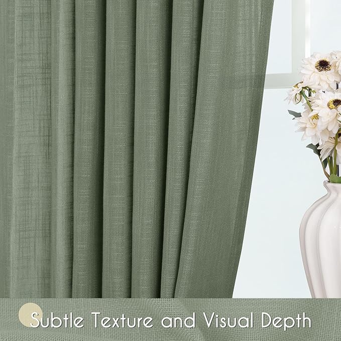 Olive Green Curtains 120 inch Length 2 Panels for Bedroom Back Tab Light Filtering Semi Sheer Drapes Linen Cotton Textured Airy Modern Farmhouse Living Room Sage Aesthetic Decor 52x120