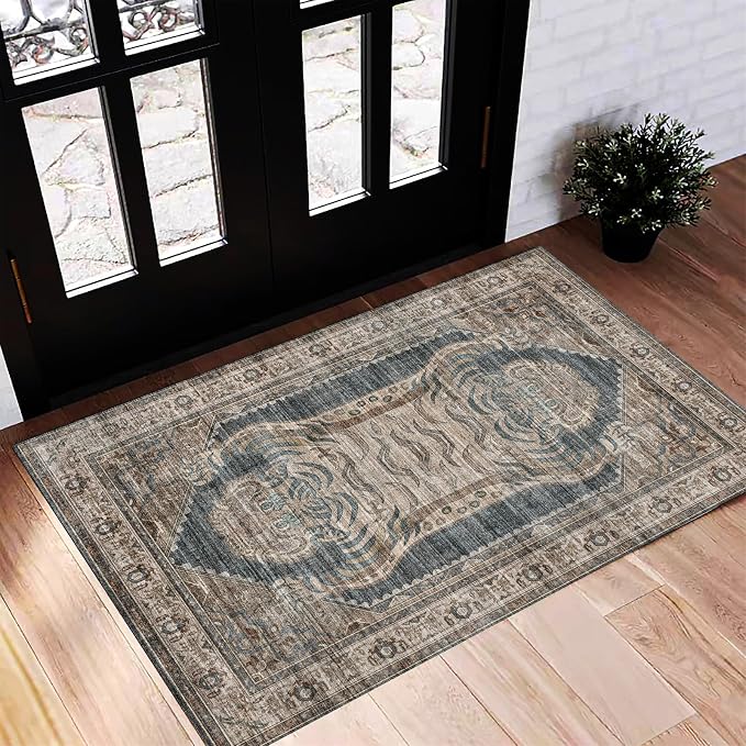 CHAMPLANT Washable Area Rug 2'x3' Door Mat Vintage Distressed Doormat Indoor Entrance Traditional Thin Rug Floral Print Non Slip Carpet for Kitchen Bathroom Bedroom Living Room