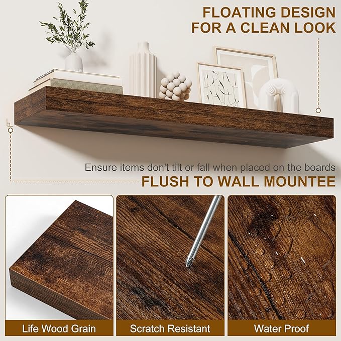 Fun Memories Floating Shelves for Wall, 55Inch Floating Shelves Set of 2, Hanging Shelf with Invisible Brackets, Wood Shelves for Living Room, Bedroom, Kitchen, Brown