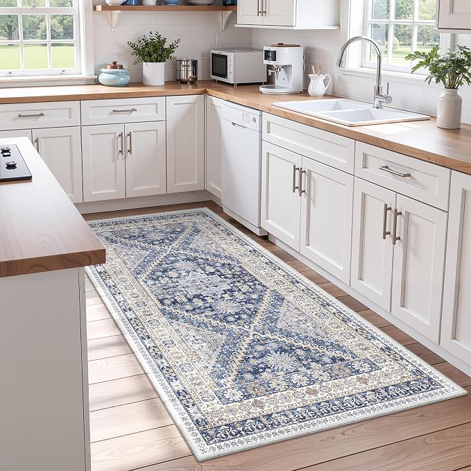 zesthome 3x6 Runner Rug Non Slip, Thin Entryway Washable Rug for Entryway, Runners for Hallways, Low Pile Vintage Abstract Soft Rugs for Living Room, Kitchen, Bedroom(Blue/Beige,3'x6')