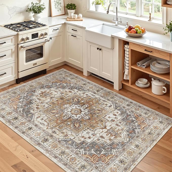 Madane Area Rug 3x5, Washable Vintage Entryway Rugs for Bedroom Non Slip Indoor Kitchen Runner for Living Room Laundry Room Playroom Soft Non-Slip Floor Carpets, Turmeric/Grey