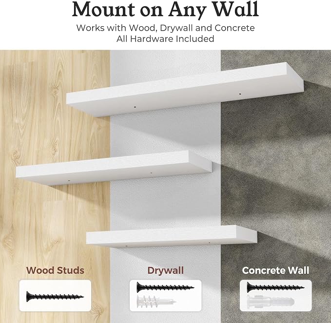 White Floating Shelves for Wall, 9.3" Deep Wall Mounted Wood Shelves for Bathroom, Bedroom, Living Room, Kitchen, Hanging Shelf for Books/Storage/Room Decor (White 30")