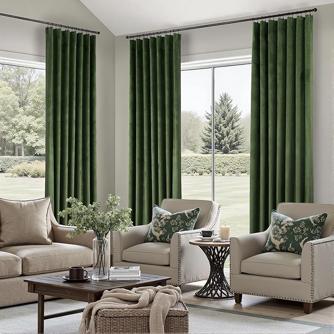 Olive Green Velvet Back Tab Curtains 90 Inches Long 2 Panel for Living Dining Room Rustic Neutral Cottagecore Elegant Heavy Drape Decorative Moss Green Curtain for Bedroom Movie Theater French Country