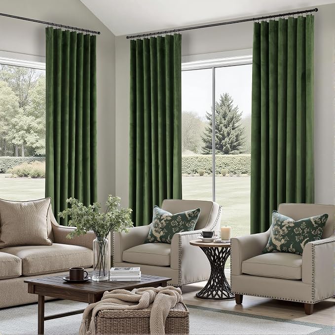 Forest Green Velvet Curtains 72 Inch Length 2 Panels for Kids Boys Room Darkening Victorian Decorative Backdrop Grass Olive Green Curtain for Bedroom Sound Draft Cold Light Blocking Back Tab Pocket