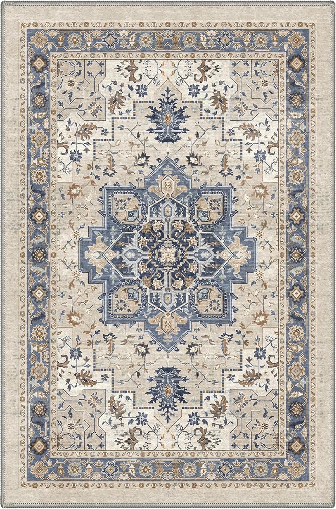 GENIMO Area Rug 2x3 Doormat, Machine Washable Low Pile Rugs, Small Retro Entryway Mat for Entrance, Hallway, Kitchen and Corridor, Blue Cream