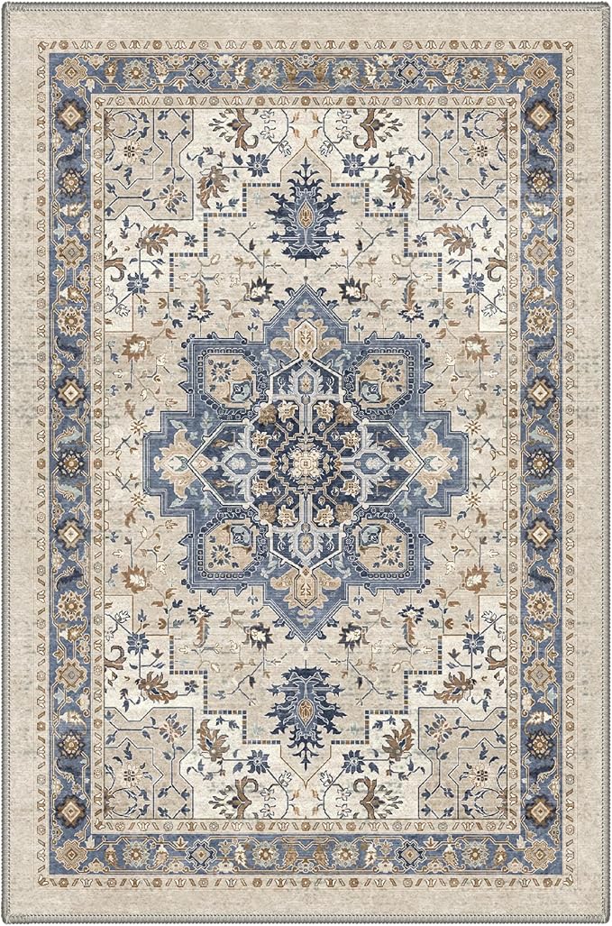 GENIMO 2x5 Runner Rugs for Hallway, Machine Washable Non Slip Vintage Rugs, Low Pile Lightweight Soft Print Carpet for enrtyway, Corridor, Home Office, Kitchen, Blue Cream