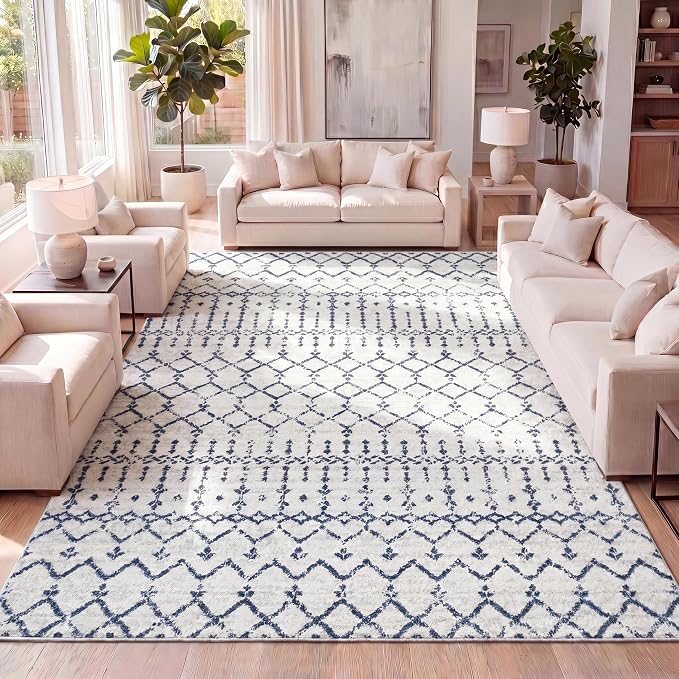 JONATHAN Y Boho Vintage Diamond Cream/Navy Indoor Area Rug 9X12 ft, Moroccan Hype for Living Room, Bedroom, Kitchen, Office, Easy-Cleaning, High Traffic, Pet-Friendly, Non-Shedding (MOH101F-9)