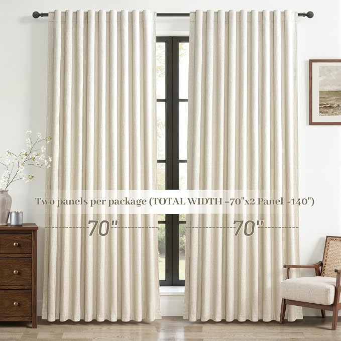 Cute Blackout Curtains 70 Inches Extra Wide Linen 84 Inch Length for Living Room/Sliding Glass Door,Pleated Heavy Duty Thermal Drapes for Winter Thick Large Window(70"Wx84"L 2 Panels Warm Cream)