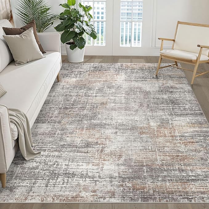 6x8 Area Rugs Living Room: Washable Large Neutral Rug Abstract Soft Modern Stain Resistant Indoor Floor Non-Slip Carpet for Bedroom Nursery Kids Office Playroom Dining Room Under Table- Gray Rust