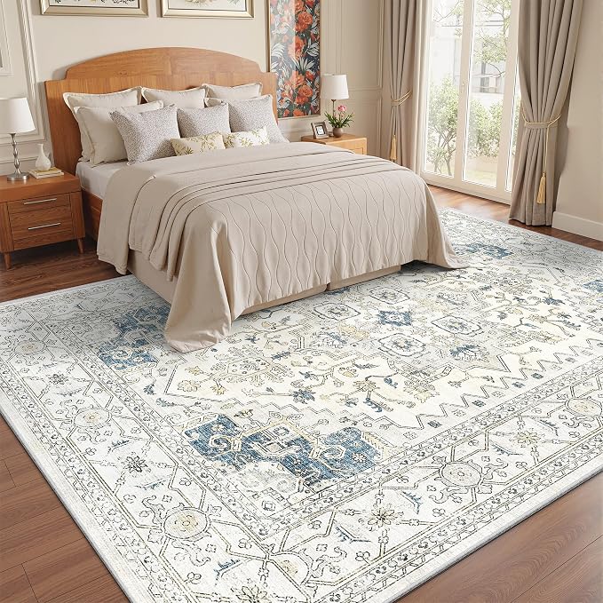 Washable 7x9 Area Rug for Living Room,Vintage Floral Large Rugs with Non Slip Backing Stain Resistant Carpet for Bedroom Home Decor,BeigeBlue