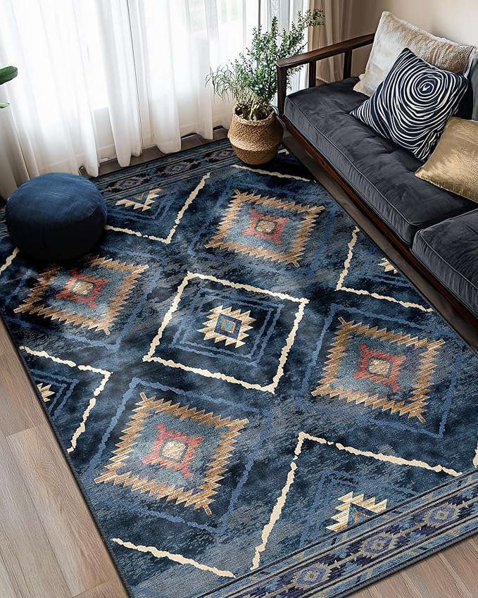 BESTSWEETIE Area Rug 6x9 Rug Machine Washable Non-Slip Low Pile Print Pattern Western Rug for Living Room Bedroom Entryway Tribal Series -Darkblue