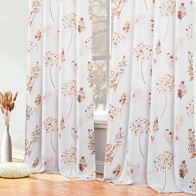 XTMYI Terracotta Orange and Blue Boho Blackout Curtains, Multicolor Watercolor Floral Print, Spring Bright Botanical Drapes for Bedroom Living Room