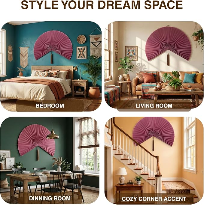 SUCHUBU Decorative Pink Wall Fan, 47" Handcrafted Asian Wall Decor, Large Japanese Art Hanging, Pastel Boho Chic Decor, Elegant Bamboo Weaving for Living Room (Pink, Large)
