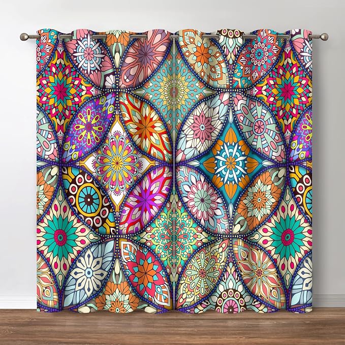Jekeno Colorful Mandala Blackout Curtains - Blocking Window Drapes Colorful Mandala Decor Home Bedroom Living Room Grommet Window Drapes 2 Panel Set, 42" x 54"