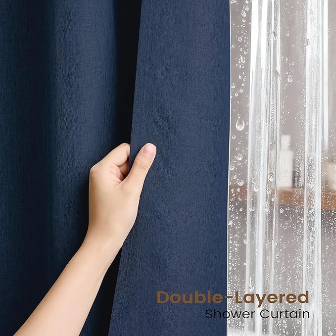 BTTN 3 in 1 Shower Curtain with Liner - 96 Inch Extra Long Linen Textured Fabric Shower Curtain Set with Plastic Hook, Tall Modern Heavy Duty Waterproof Shower Curtain for Bathroom, Navy Blue, 72x96