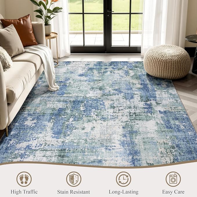 Sasttie 9x12 Soft Area Rug for Living Room, Modern Abstract Washable Large Carpet for Bedroom, with Non-Slip Backing, Blue and Green