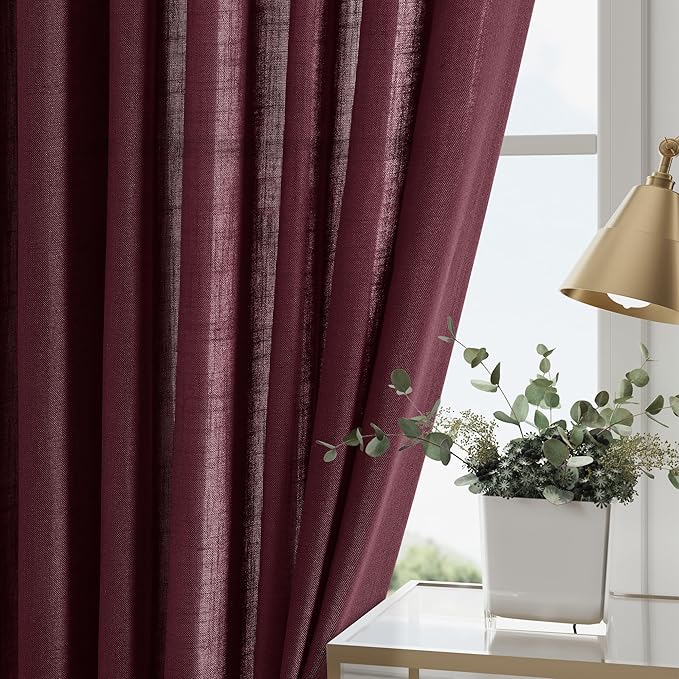 Nanspring Burgundy Linen Curtains 72 Inch Length for Living Room Semi Sheer Light Filtering Door Drapes 2 Panels Set for Kids Bedroom Light Filtering Back Tab Rod Pocket Modern Farmhouse Decor 52x72
