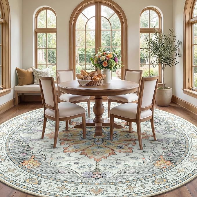 RELEANY Area Rugs Round 8ft Washable Non-Slip, Floral Vintage Distress Medallion Carpet for Living Room Bedroom Dining Room, Beige Carbon Grey Orange