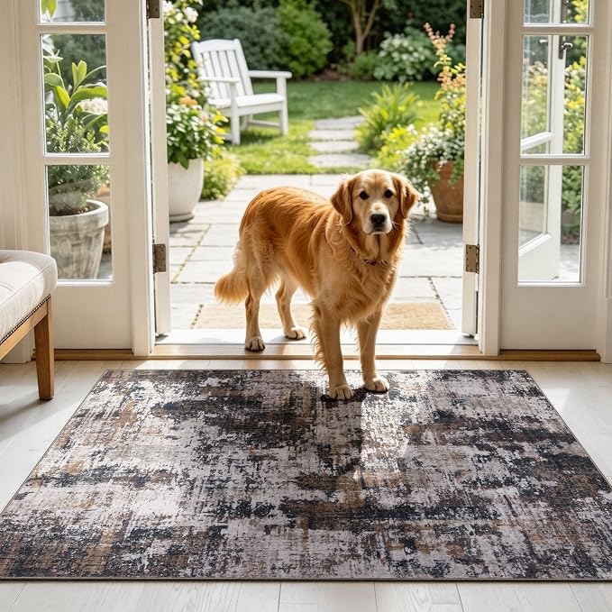 Sasttie 3x5 Area Rug for Entryway, Washable Modern Abstract Small Carpet for Living Room Bedroom Door-mat, Soft Entry Rug with Non-Slip Backing, Black and Brown