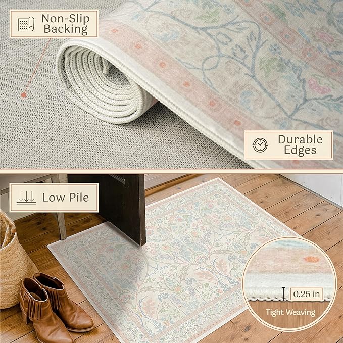 Cottagecore Floral 4x6 Pink and Blue Girls Vanity Rug - Washable Indoor Rugs for Bedroom, Entryway, Kitchen, Pastel Pink Reading Rug for Classroom, Nuresry, Non Skid & Low Pile Soft Carpet