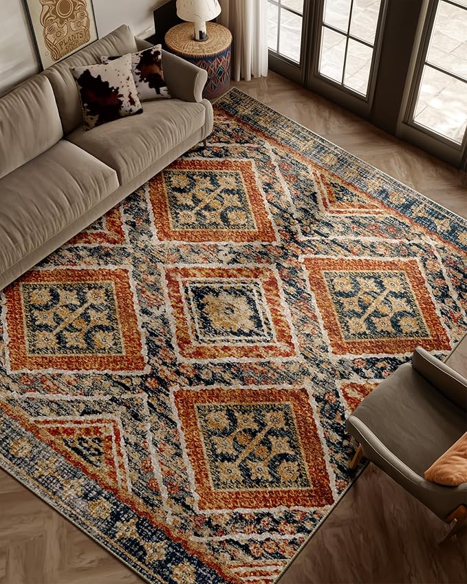 BESTSWEETIE Area Rug 5x7 Machine Washable Non-Slip Low Pile Print Pattern Western Rug for Living Room Bedroom Entryway Tribal Series - Orange/Brown