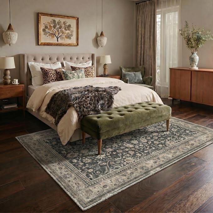 Bavni 2x5 Rug Runners for Hallways, Washable Runner Rug Non Slip, Vintage Floral Oriental Floral Rugs for Bedroom, Lightweight Low Pile Carpet for Hallways Bathroom, Dusty Charcoal