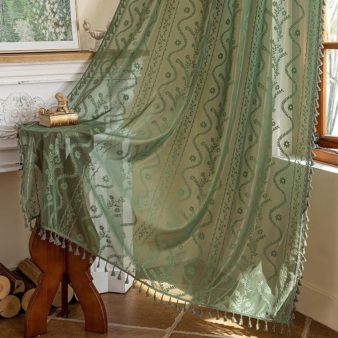 WAZZIO Boho Lace Curtains 2 Panels 63 Inches -Vintage Victorian Sheer Panel Drape French Country Floral Pattern & Tassel Light Filtering Privacy for Bedroom Dining Living Room,Dark Sage Green,W52x L63