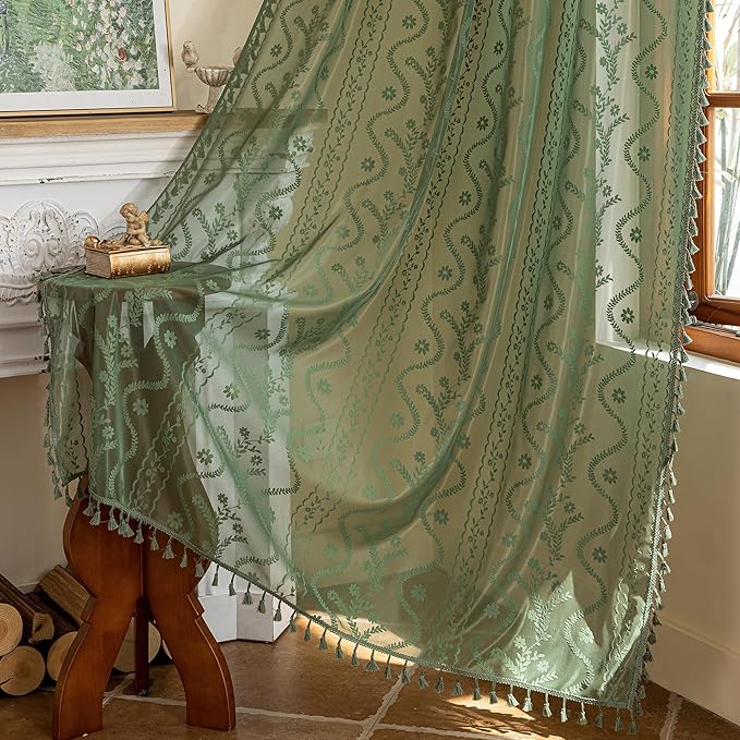 WAZZIO Boho Lace Curtains 2 Panels 72 Inches -Vintage Victorian Sheer Panel Drape French Country Floral Pattern & Tassel Light Filtering Privacy for Bedroom Dining Living Room,Dark Sage Green,W52x L72