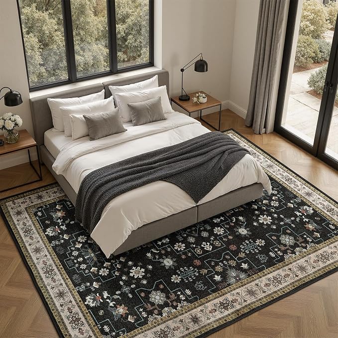 DCX Machine Washable Black Area Rug 9x12, Non Slip Stain Resistant Vintage Area Rug for Living Room Diningroom Bedroom Nursery, Soft Low Pile Large Carpet